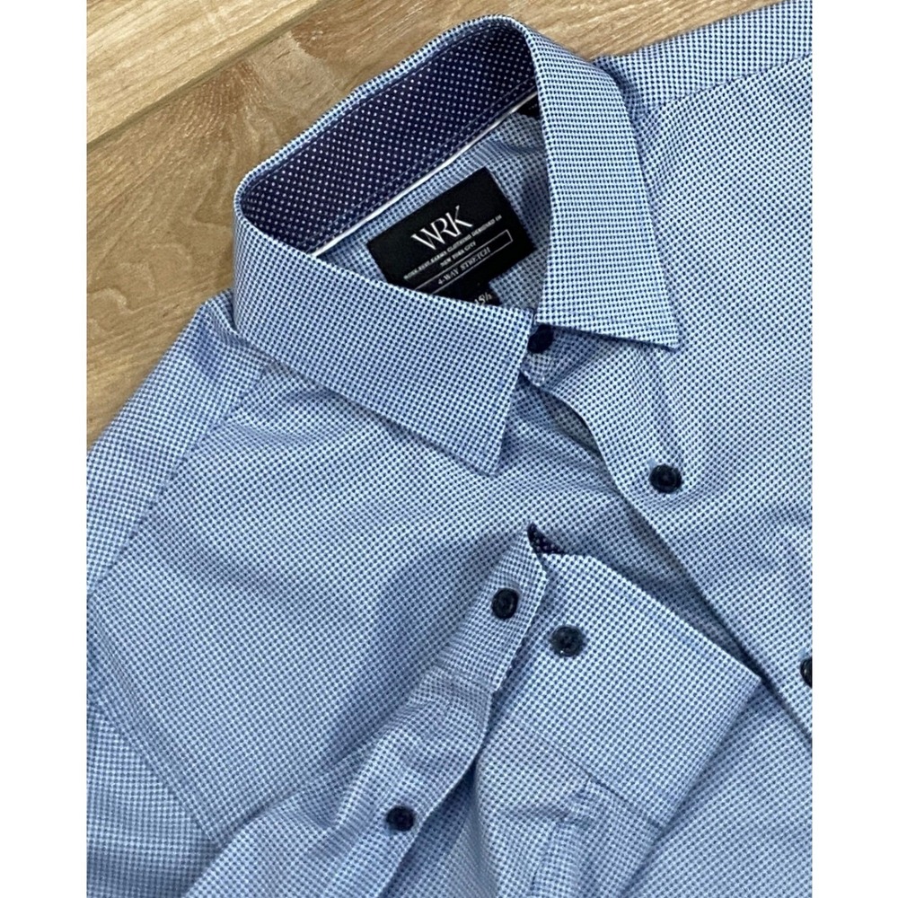 WRK Mens 15.5 Blue Micro Dot Flip Cuff 4 Way Stretch Dress‎ Shirt Performance